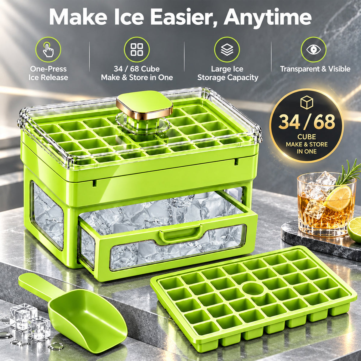🧊 Ivanoir®34/68-Cube All-In-One Ice-Making System With Built-In Storage Drawer
