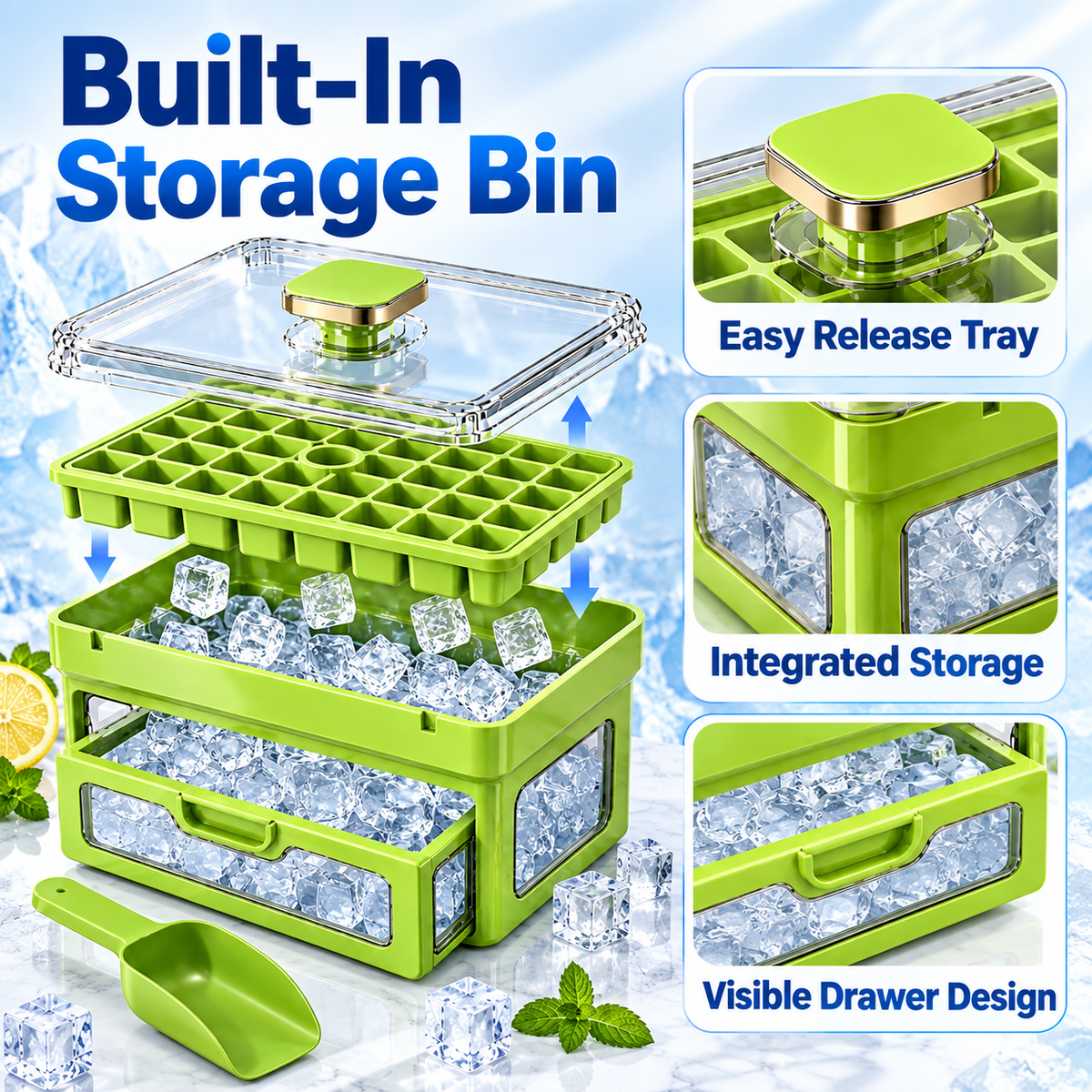 🧊 Ivanoir®34/68-Cube All-In-One Ice-Making System With Built-In Storage Drawer