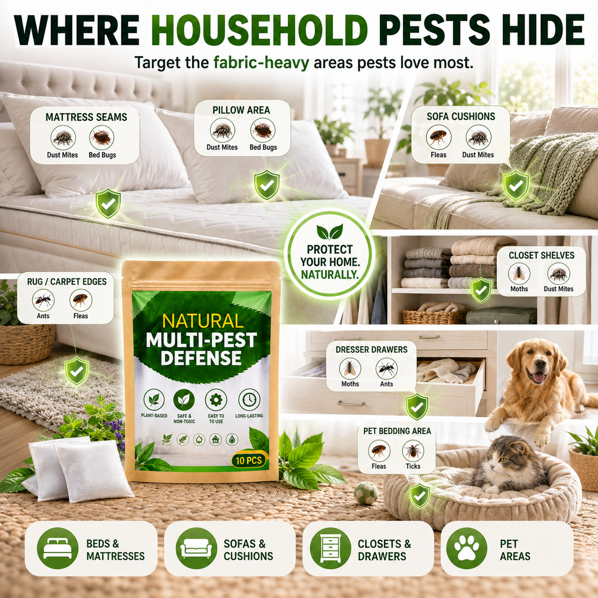🔥 HOT SALE 🔥 Plant-Based Multi-Pest Defense Sachets for Home & Pet Areas
